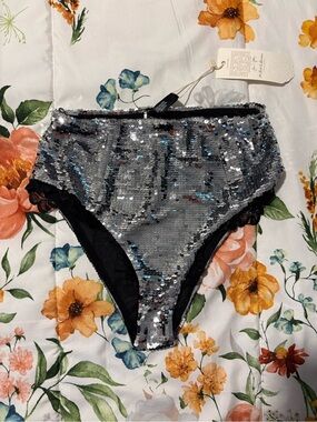 For Love And Lemons Silver Sequin High-Waist Panty